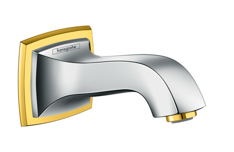 Hansgrohe Metropol Classic bath spout in chrome and gold-optic finish with built-in diverter and sleek modern design