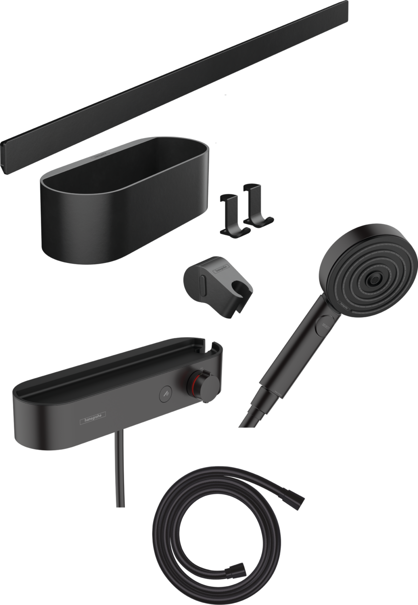 Hansgrohe Wallstoris Bundle Hand Shower 105 3jet Activation Ecosmart Thermostat Wall Bar 700 mm And Storage Set - Matt Black - 24250670