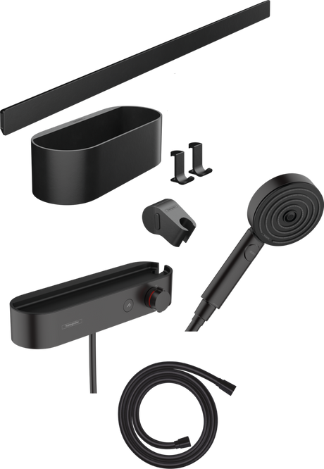 Hansgrohe Wallstoris Bundle Hand Shower 105 3jet Activation Ecosmart Thermostat Wall Bar 700 mm And Storage Set - Matt Black - 24250670