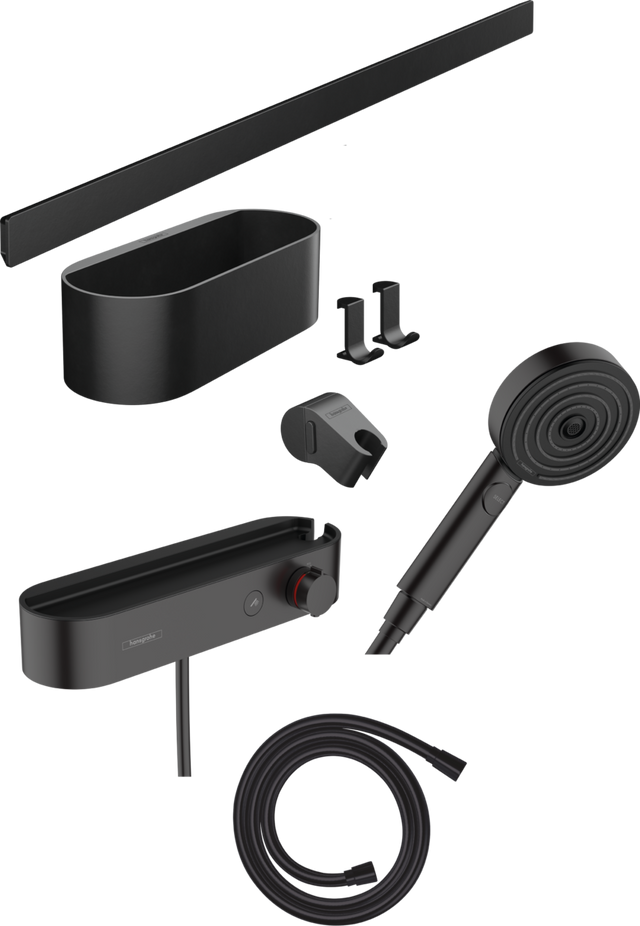 Hansgrohe Wallstoris Bundle Hand Shower 105 3jet Activation Ecosmart Thermostat Wall Bar 700 mm And Storage Set - Matt Black - 24250670