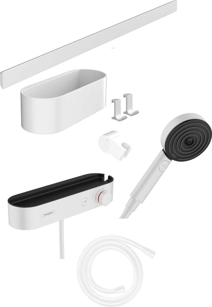 Hansgrohe Wallstoris Bundle Hand Shower 105 3jet Activation Ecosmart Thermostat Wall Bar 700 mm And Storage Set - Matt White - 24250700