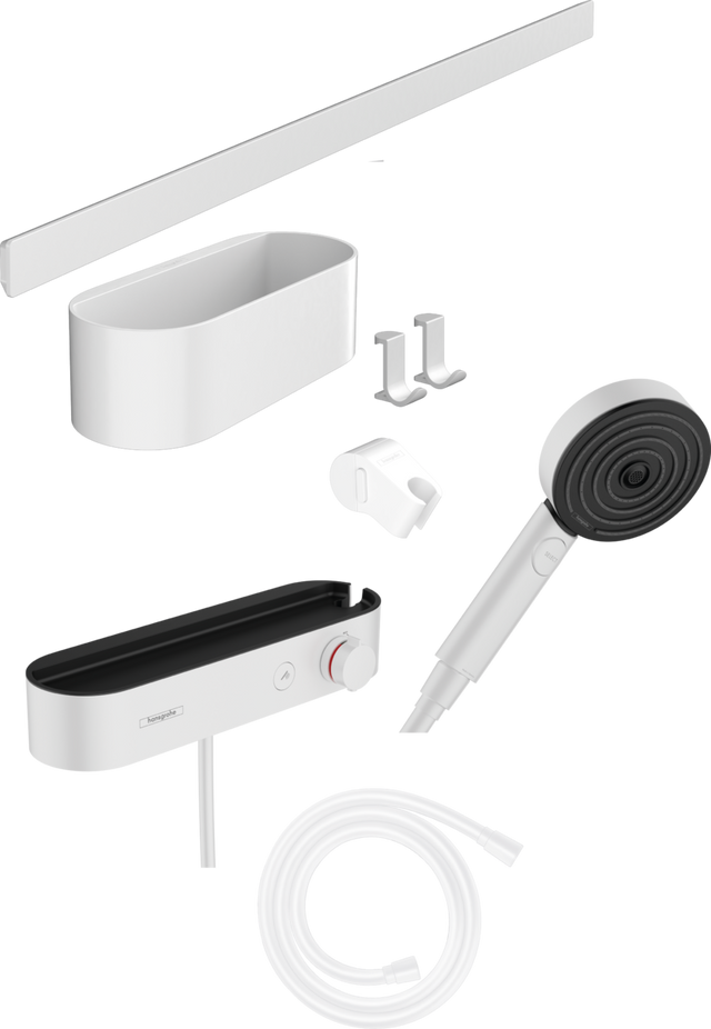 Hansgrohe Wallstoris Bundle Hand Shower 105 3jet Activation Ecosmart Thermostat Wall Bar 700 mm And Storage Set - Matt White - 24250700