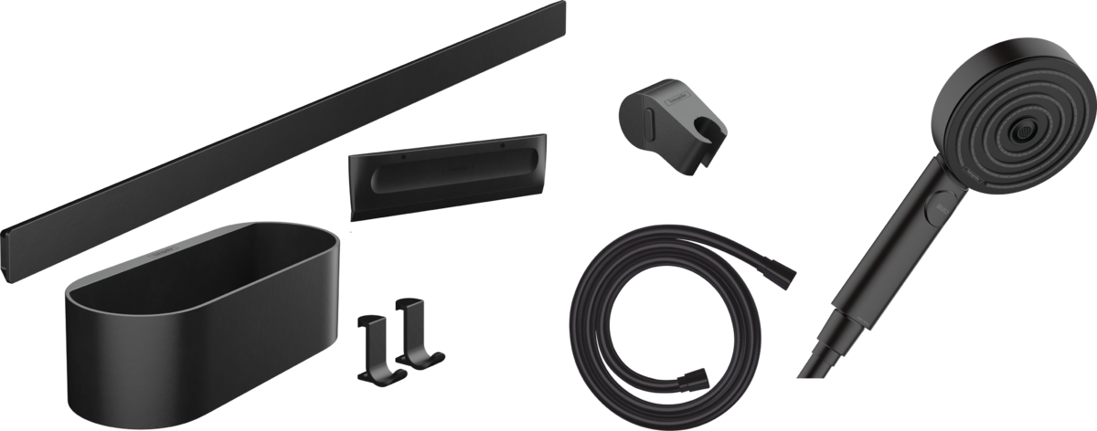 Hansgrohe Wallstoris Bundle Hand Shower 105 3jet Activation Ecosmart Wall Bar 700 mm And Storage Set - Matt Black - 24291670