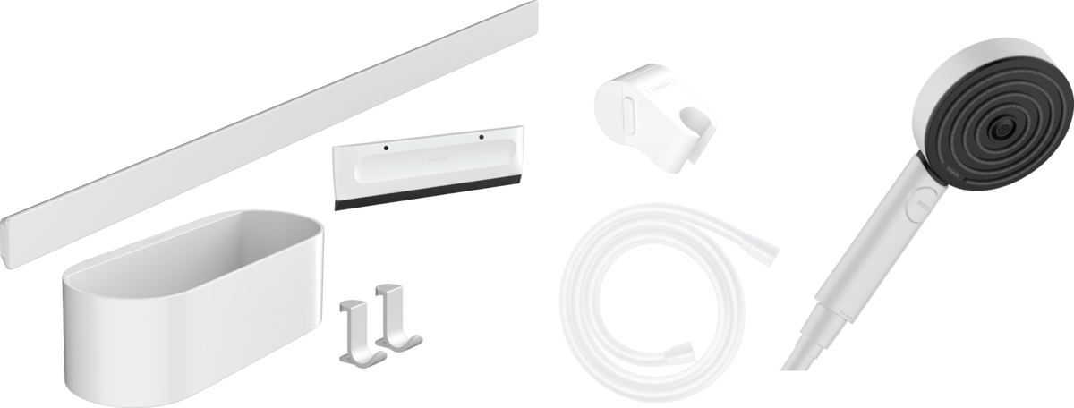 Hansgrohe Wallstoris Bundle Hand Shower 105 3jet Activation Ecosmart Wall Bar 700 mm And Storage Set - Matt White - 24291700