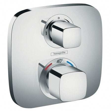 Hansgrohe Ecostat E thermostatic mixer with concealed installation, dual outlets, shut-off diverter valve, and sleek chrome finish