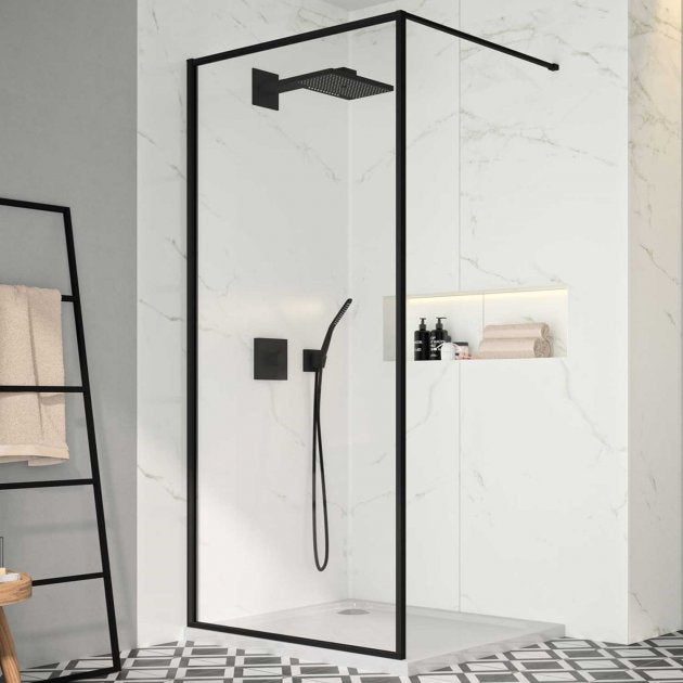 Merlyn Black 900mm Wide Framed Wet Room Glass Panel - 8mm Glass - BLKFSW90