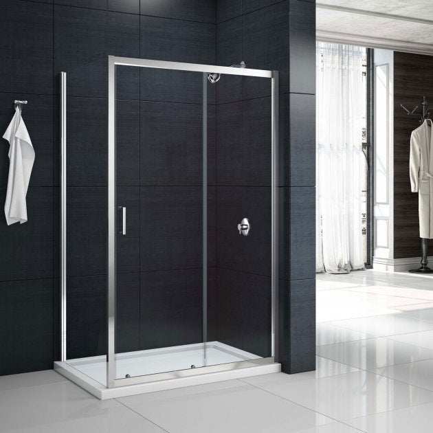 Merlyn Mbox Loft 1200mm wide sliding shower door with 6mm clear glass and chrome frame designed for reversible installation and leak prevention.