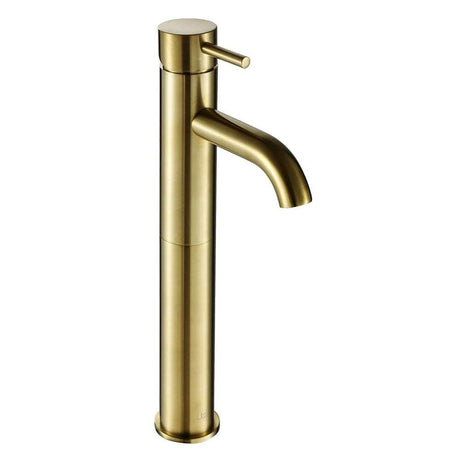 JTP Vos Tall Single Lever brushed brass basin mixer with minimalist design and eco-friendly build