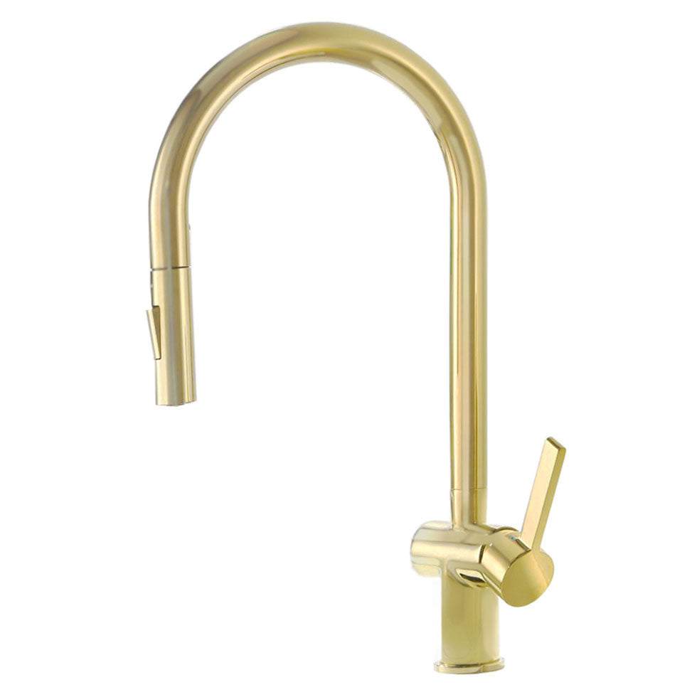 JTP Vos Single Lever Brushed Brass Kitchen Sink Mixer with pull-out spray and high-arc spout