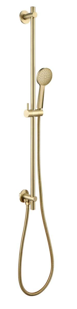 JTP VOS Slide Rail with round shower handle and flexible hose in brushed brass finish