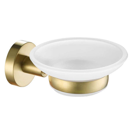 Wall-mounted JTP Vos Soap Dish in brushed brass with a frosted white soap holder, combining luxury and practicality for bathrooms.