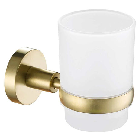 JTP Vos Tumbler & Holder in brushed brass with solid brass mount and white tumbler for bathroom use