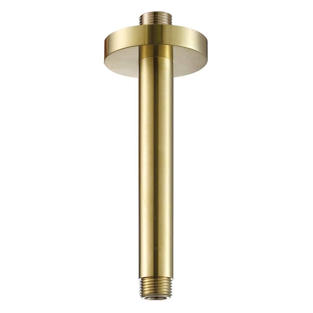 Ceiling mounted brushed brass shower arm with sleek modern design and durable brass construction
