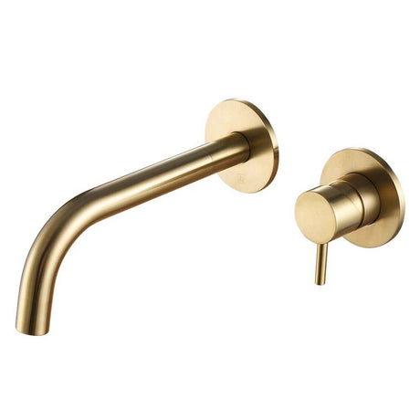 Wall mounted single lever basin mixer with brushed brass finish and sleek modern design