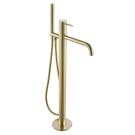 JTP Vos Freestanding Bath Shower Mixer in brushed brass with handheld shower and ceramic disc technology