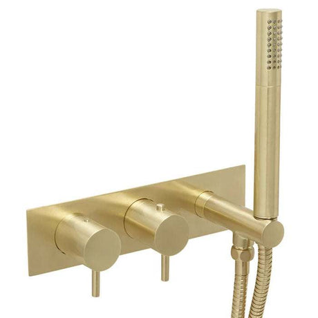 JTP Vos Twin Outlet thermostatic brushed brass shower valve with handheld shower handset