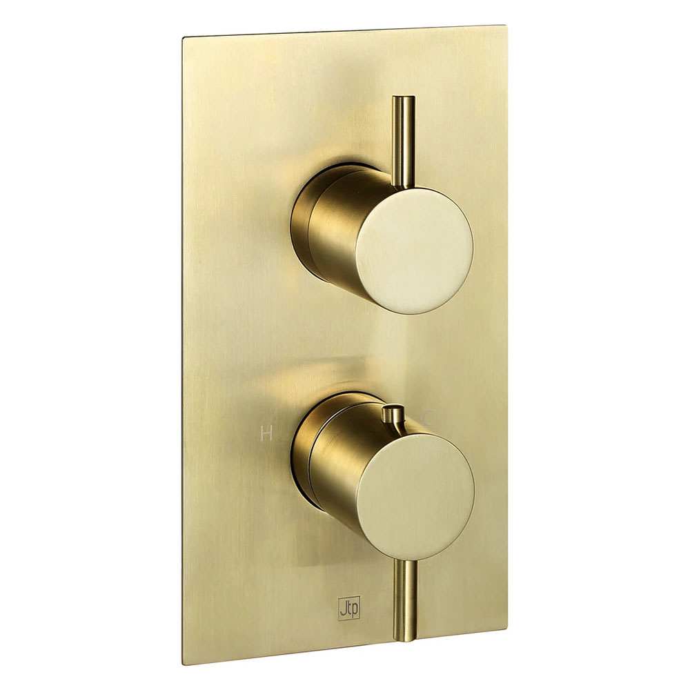 JTP Vos Single Outlet thermostatic concealed shower valve in brushed brass finish with temperature control and water-saving feature
