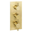 JTP Vos Triple Outlet thermostatic concealed brushed brass shower valve vertical with three control knobs