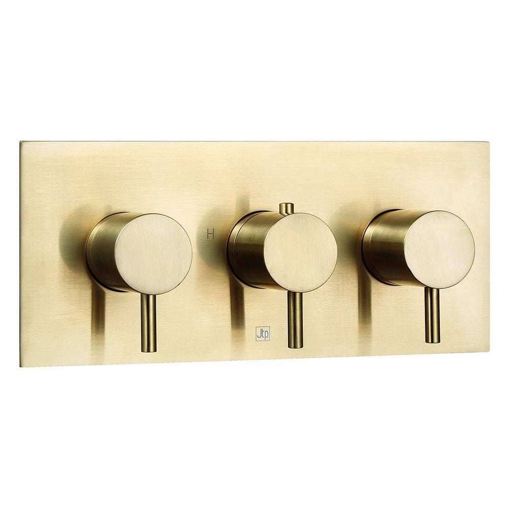 JTP Vos Triple Outlet thermostatic concealed brushed brass shower valve with horizontal design