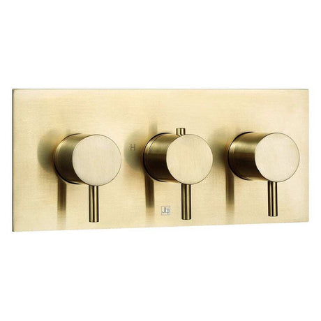 JTP Vos Triple Outlet thermostatic concealed brushed brass shower valve with horizontal design