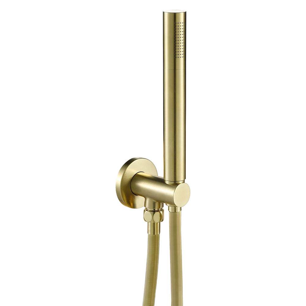 JTP Vos Outlet Elbow with brushed brass finish, parking bracket, hose, and handset for shower use