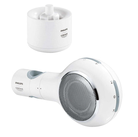 Grohe Aqua Tunes Bluetooth Speaker white water-resistant shower speaker with silver grill and easy clamp installation