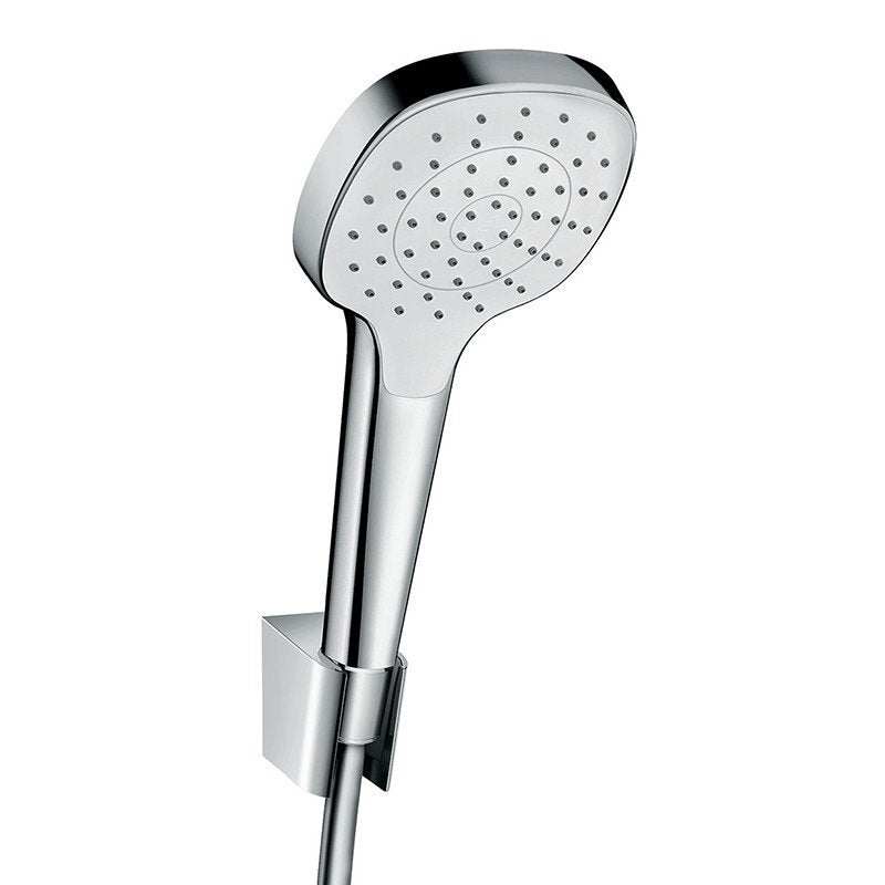 Hansgrohe Croma Select E white and chrome shower holder set with 1jet rain spray and 1600mm hose
