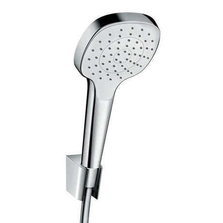 Hansgrohe Croma Select E white and chrome shower holder set with 1jet rain spray and 1600mm hose