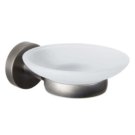 JTP Vos Soap Dish in brushed black with frosted glass tray, wall-mounted bathroom accessory.