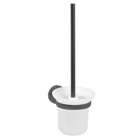 JTP Vos Toilet Brush & Holder in brushed black with modern design, brass and glass construction, compact size, and easy installation.