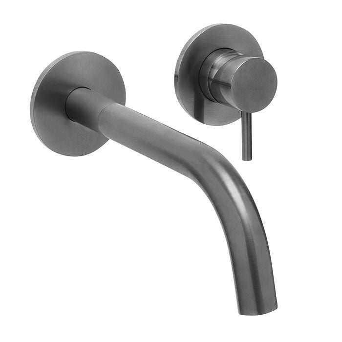 Wall mounted single lever basin mixer in brushed black finish with sleek modern design