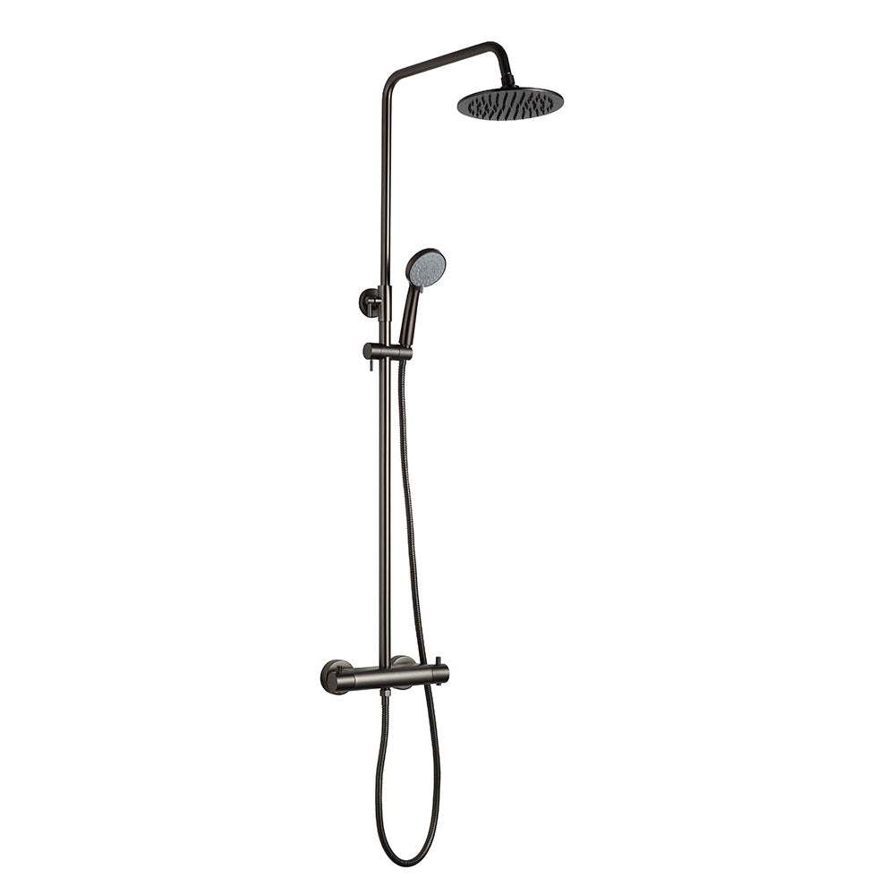 JTP Vos Thermostatic Shower in brushed black with overhead rain shower and handheld showerhead