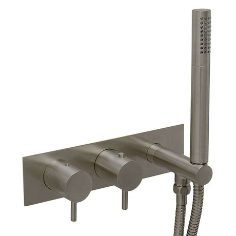 JTP Vos Twin Outlet thermostatic shower valve in brushed black with handheld showerhead and dual controls