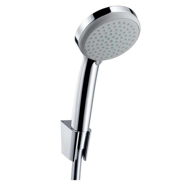 HANSGROHE Croma 100 chrome hand shower with holder and 125 cm shower hose featuring multiple spray settings and QuickClean technology