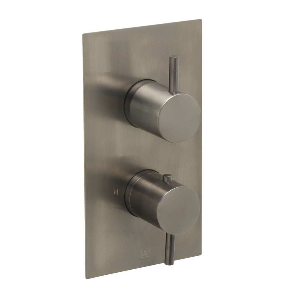 JTP Vos single outlet thermostatic brushed black concealed shower valve with dual control knobs and modern design