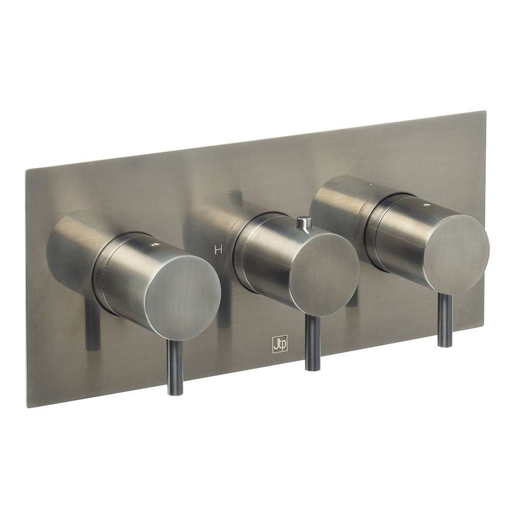JTP Vos Triple Outlet thermostatic concealed shower valve in brushed black with horizontal three-knob design