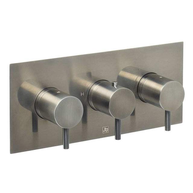 JTP Vos Triple Outlet thermostatic concealed shower valve in brushed black with horizontal three-knob design