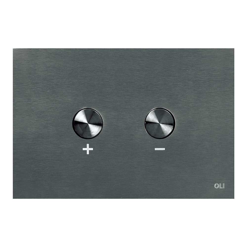 JTP Steel Pneumatic brushed black steel flush plate with dual round buttons for modern bathroom.