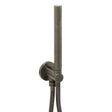 JTP Vos Outlet Elbow with brushed black finish, parking bracket, hose, and handset for bathroom use.