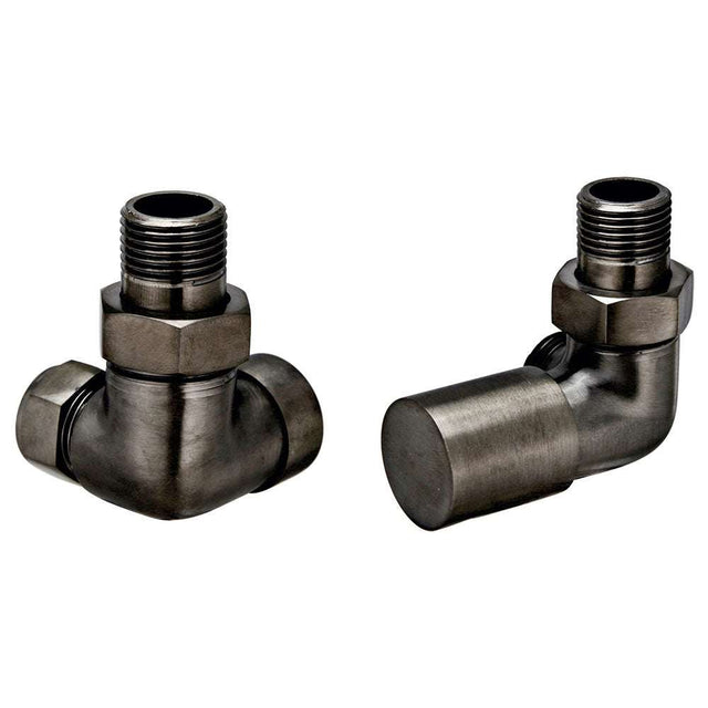 JTP Vos Corner Radiator Valves in brushed black finish for corner installation with durable, corrosion-resistant design and precision temperature control.