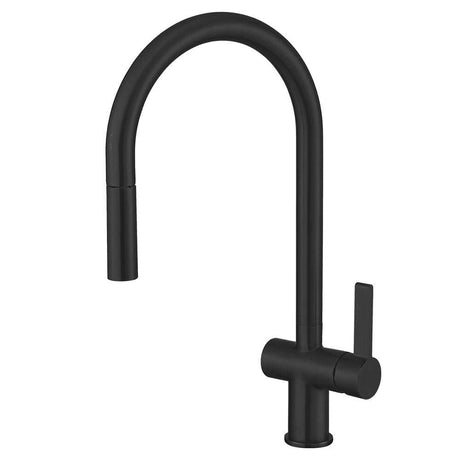 JTP Vos Single Lever matt black kitchen sink mixer with pull-out spray and modern curved spout