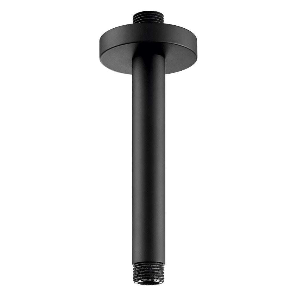 JTP Vos matt black ceiling mounted shower arm with sleek cylindrical design
