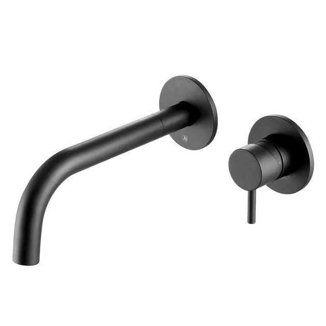 JTP Vos wall mounted single lever basin mixer with matte black finish and minimalist design