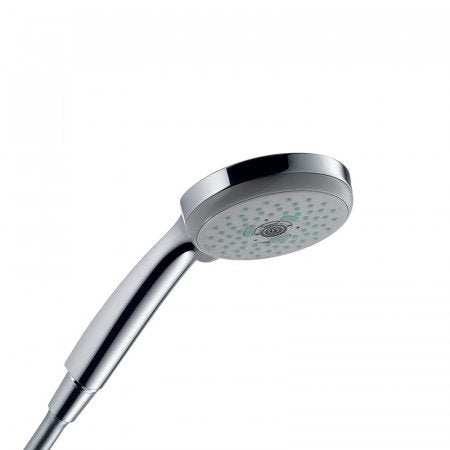 Hansgrohe Croma 100 Hand Shower with chrome finish and three spray modes, featuring EcoSmart water-saving technology.