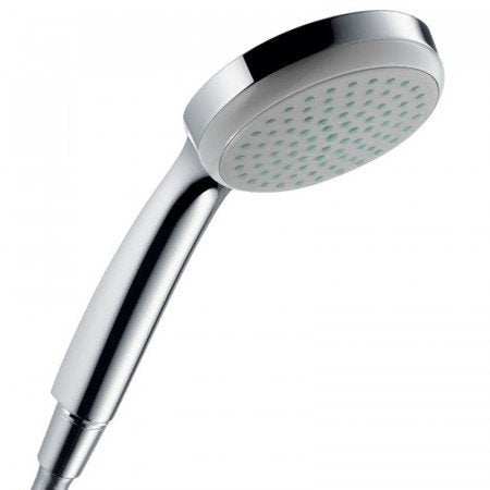 Hansgrohe Croma 100 hand shower with EcoSmart technology, chrome finish, and quick clean silicone nozzles designed for water efficiency and durability.