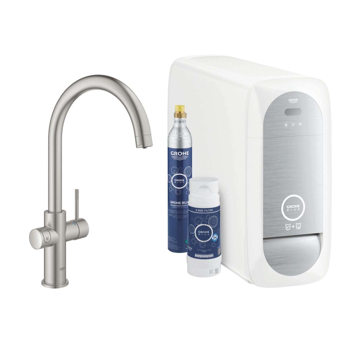 Grohe Blue Home Supersteel C-spout faucet with water filtration system and CO2 cartridge