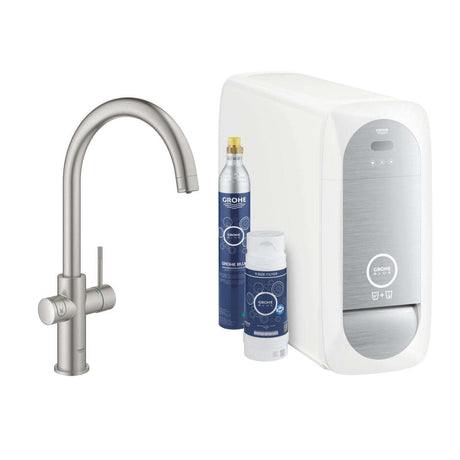 Grohe Blue Home Supersteel C-spout faucet with water filtration system and CO2 cartridge