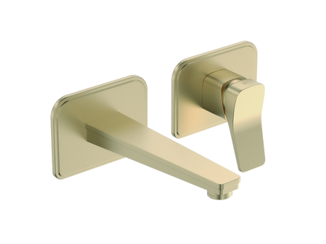 Wall mounted single lever brushed brass basin mixer with sleek modern design and water-saving aerator