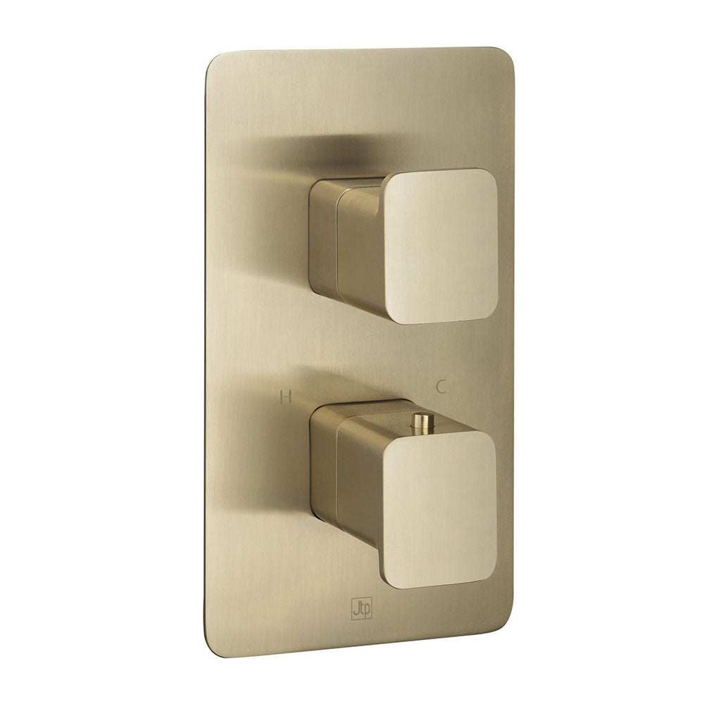 JTP Hix Twin Outlet thermostatic concealed shower valve in brushed brass finish with dual controls for precise temperature and dual shower outlet use
