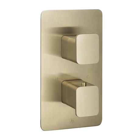 JTP Hix Twin Outlet thermostatic concealed shower valve in brushed brass finish with dual controls for precise temperature and dual shower outlet use